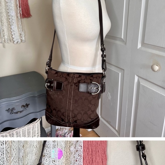 Vintage Signature Coach Crossbody Suede Canvas Brown Messenger Bag - Picture 4 of 8